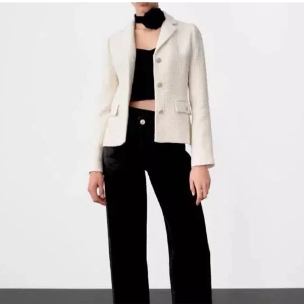 Zara Wool Blend Jewel/Gold Button Textured Blazer Ivory - Picture 5 of 12